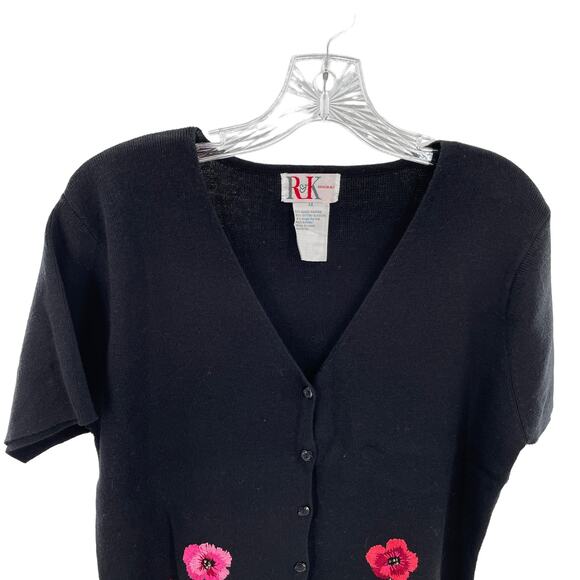 R&K Originals Black Knit Red Floral Embroidered Short Sleeve Cardigan 14 - Picture 4 of 9